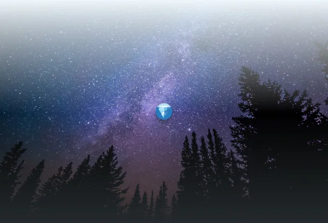iceberg logo in front of starry sky